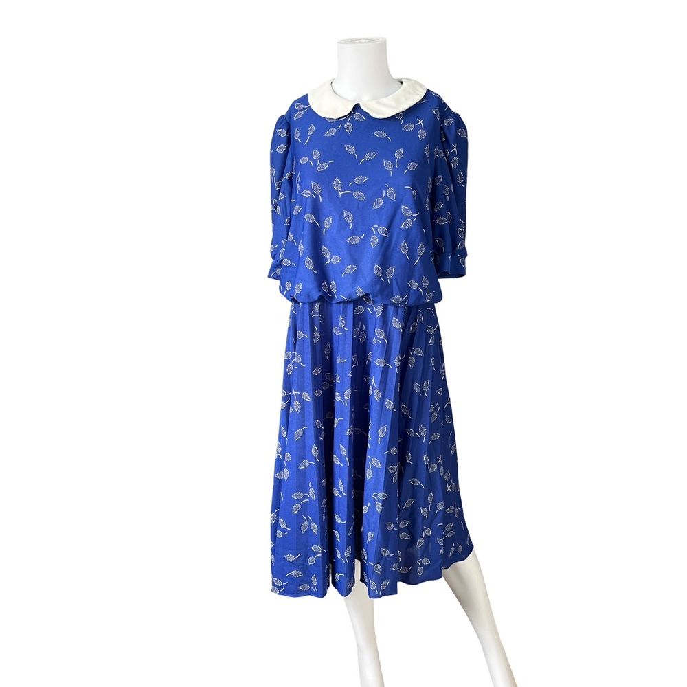Vintage Blue Dress Short Sleeve Leaf Print Peter Pan Collar Size 16